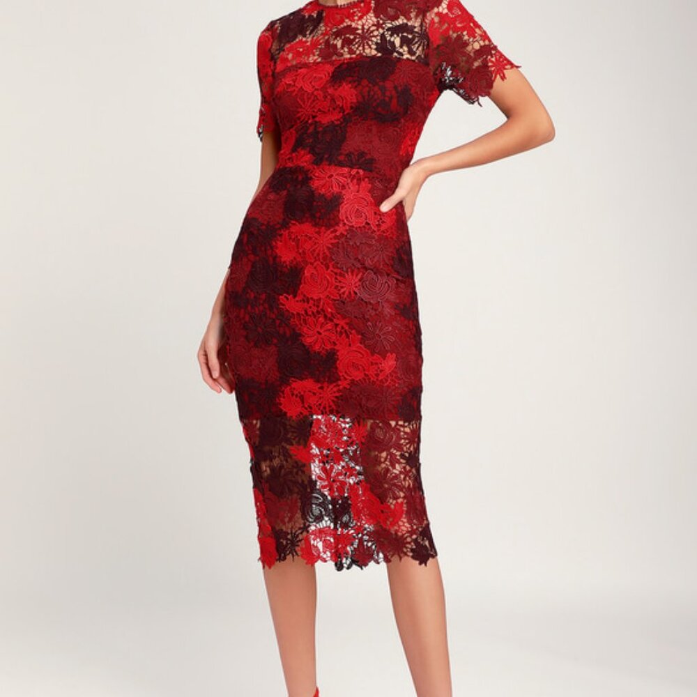 Lulus Season Of Joy Red Multi Lace Midi Dress - Size S
